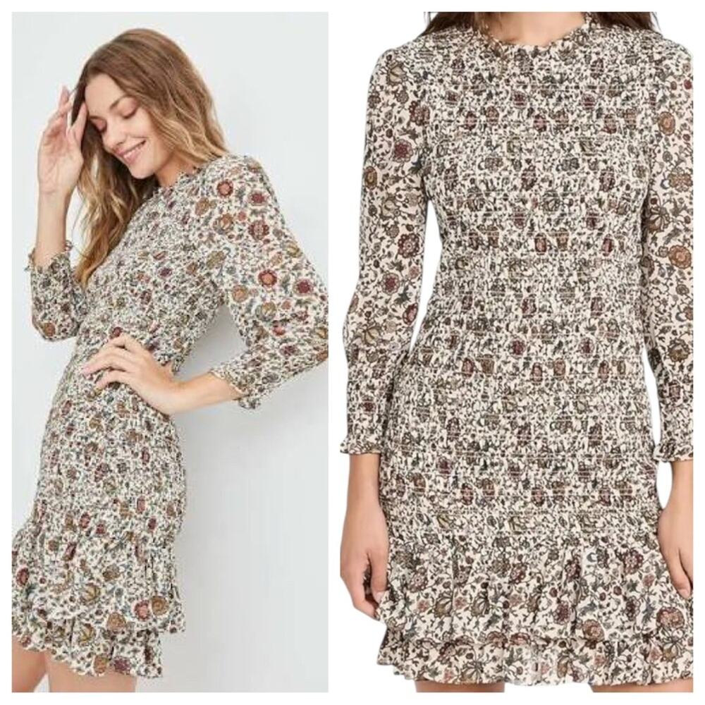 Veronica Beard Farha Dress Smocked Floral Mini Whitestone Multi Boho Size 6